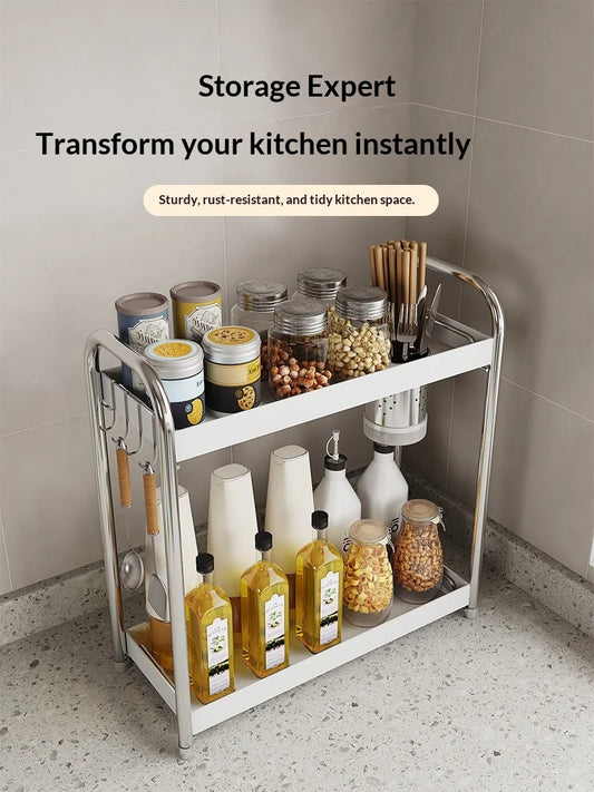 Stainless Steel Standing Spice Rack Floor Type Seasoning Bottle Storage Organizer Kitchen Corner Shelf Holder