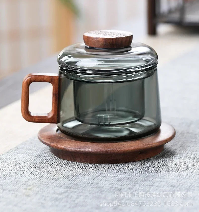 Heat Resistant Glass Tea Infuser Cup - 200ml Teacup with Wood Handle and Filter for Kung Fu Tea Set - ZOOMNSTORE
