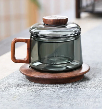 Heat Resistant Glass Tea Infuser Cup - 200ml Teacup with Wood Handle and Filter for Kung Fu Tea Set - ZOOMNSTORE