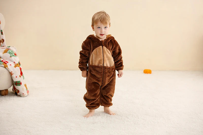 Baby Winter Rompers - Soft Polyester Hooded Jumpsuit With Animal Pattern, Machine Washable