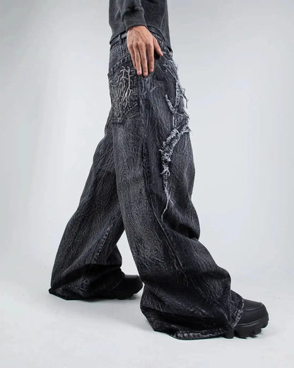 Gothic Retro Baggy Unisex Mopping Pants Y2K Phantom Jeans High Street Spider Embroidered Patch Hip Hop Streetwear Straight Jeans