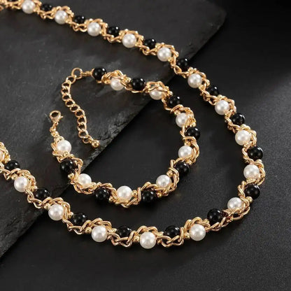 Lacteo 2025 Trendy Creative Imitation Pearl Beaded Chain Necklace Bracelet for Men Vintage Clavicle Chain Charm Jewelry Gift Set