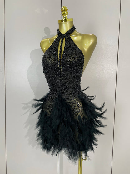 Backless Halter Dress - Women's Party Mini Sheath With Rhinestone & Feather Details