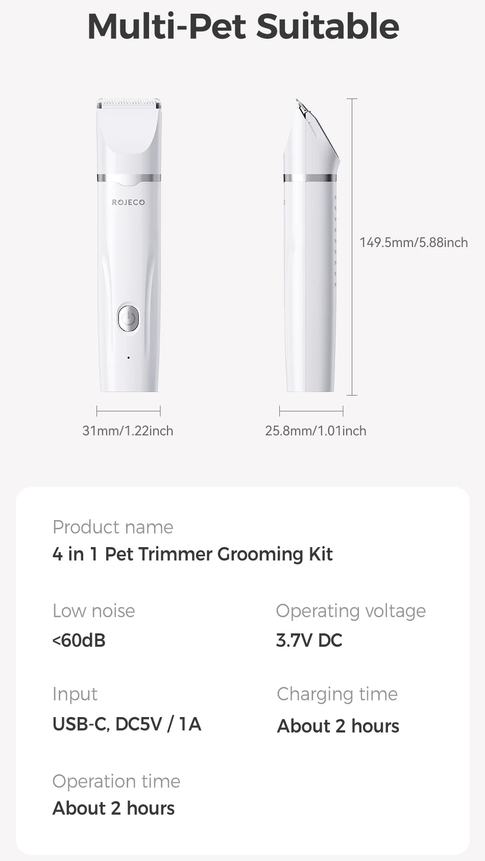 ROJECO Electric Pet Trimmer 4 in 1 Professional Grooming Kit For Dog Cat Hair Multifunctional Dog Trimmer Haircut Shaver Clipper