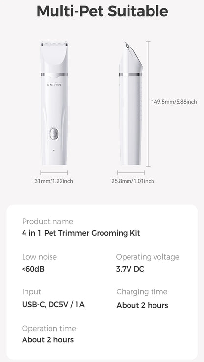 ROJECO Electric Pet Trimmer 4 in 1 Professional Grooming Kit For Dog Cat Hair Multifunctional Dog Trimmer Haircut Shaver Clipper