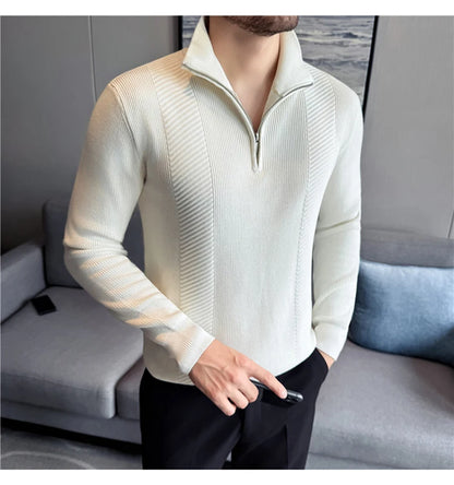 Men's Semi-Zip Knit Sweater - White (Gray/Black)  Winter Weight Fabric Fashionable Semi-High Neck Daily Wear