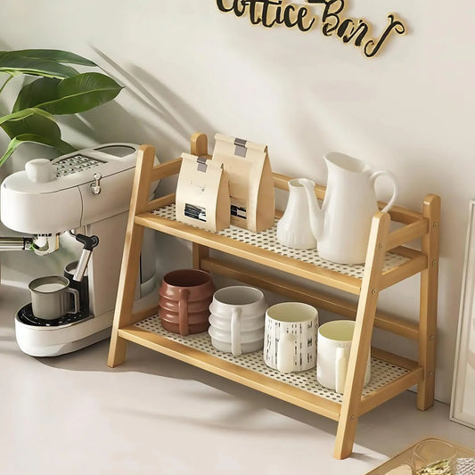 Coffee Station Organizer - 2 Tier Wicker Look Bamboo Mug Holder Shelf