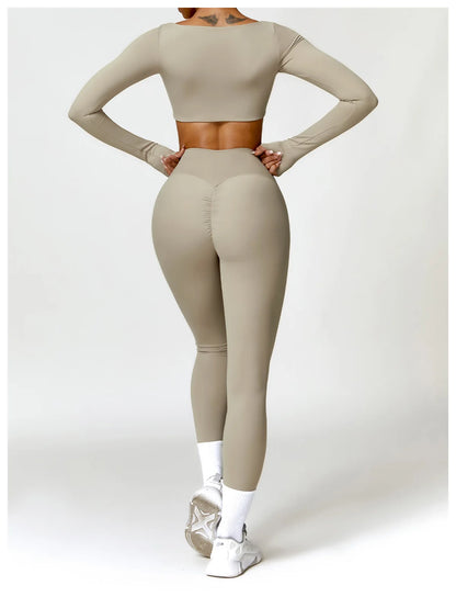 Women Yoga Suit - Quick Dry Gym Tracksuit With Long Sleeve Top & High Waist Leggings