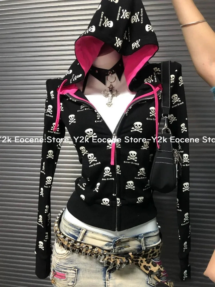 2000s Y2k Gothic Punk Skeleton Print Cardigan Contrast Hooded Sweatshirt Jacket Women Spring Autumn 2025 New Slim Fit Black Tops