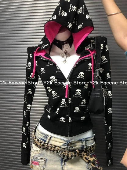 2000s Y2k Gothic Punk Skeleton Print Cardigan Contrast Hooded Sweatshirt Jacket Women Spring Autumn 2025 New Slim Fit Black Tops
