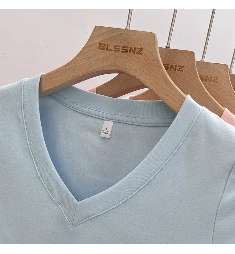 Summer Sexy V-neck Slim T Shirt Women Cotton Basic Solid Crop Tops Female Casual Tops Short Sleeve T-shirts 2026