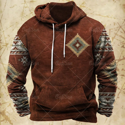 Men Hooded Vintage Print  Sweatshirt Ethnic Style Hoodie Autumn and Winter Oversized Casual Men's Clothing Daily Street Pullover