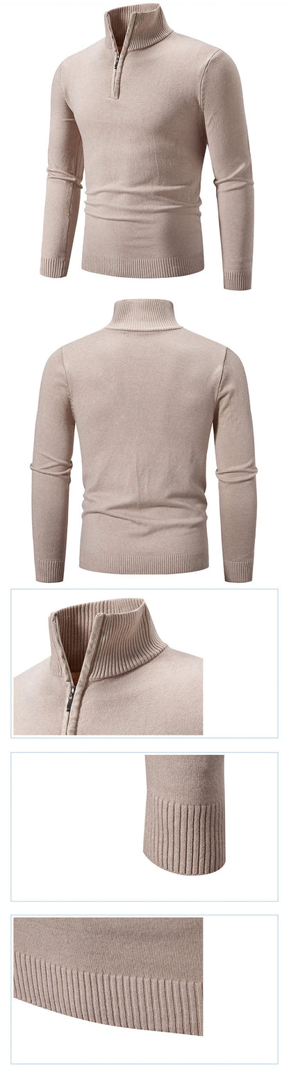 Men Long Sleeve Zipper Pullover Sweater Fit Mock Neck Casual Knitted Polo Sweater Warm Turtleneck Pullover Sweater Work Jumper