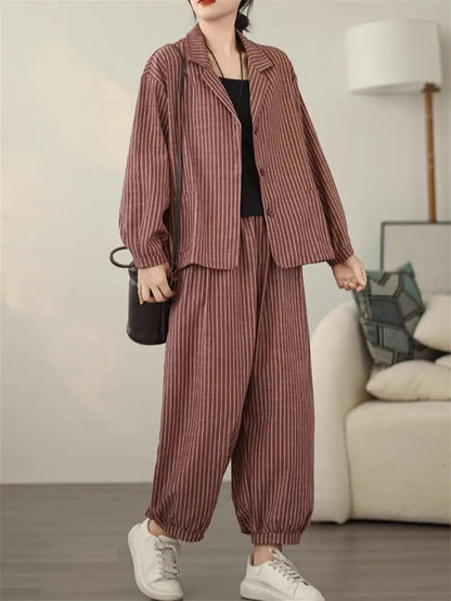 Retro Stripe Cotton And Linen Suit 2024 Women's Autumn Temperament Casual Wide Leg Harem Pants Loose Oversized 2 Piece Set K2478