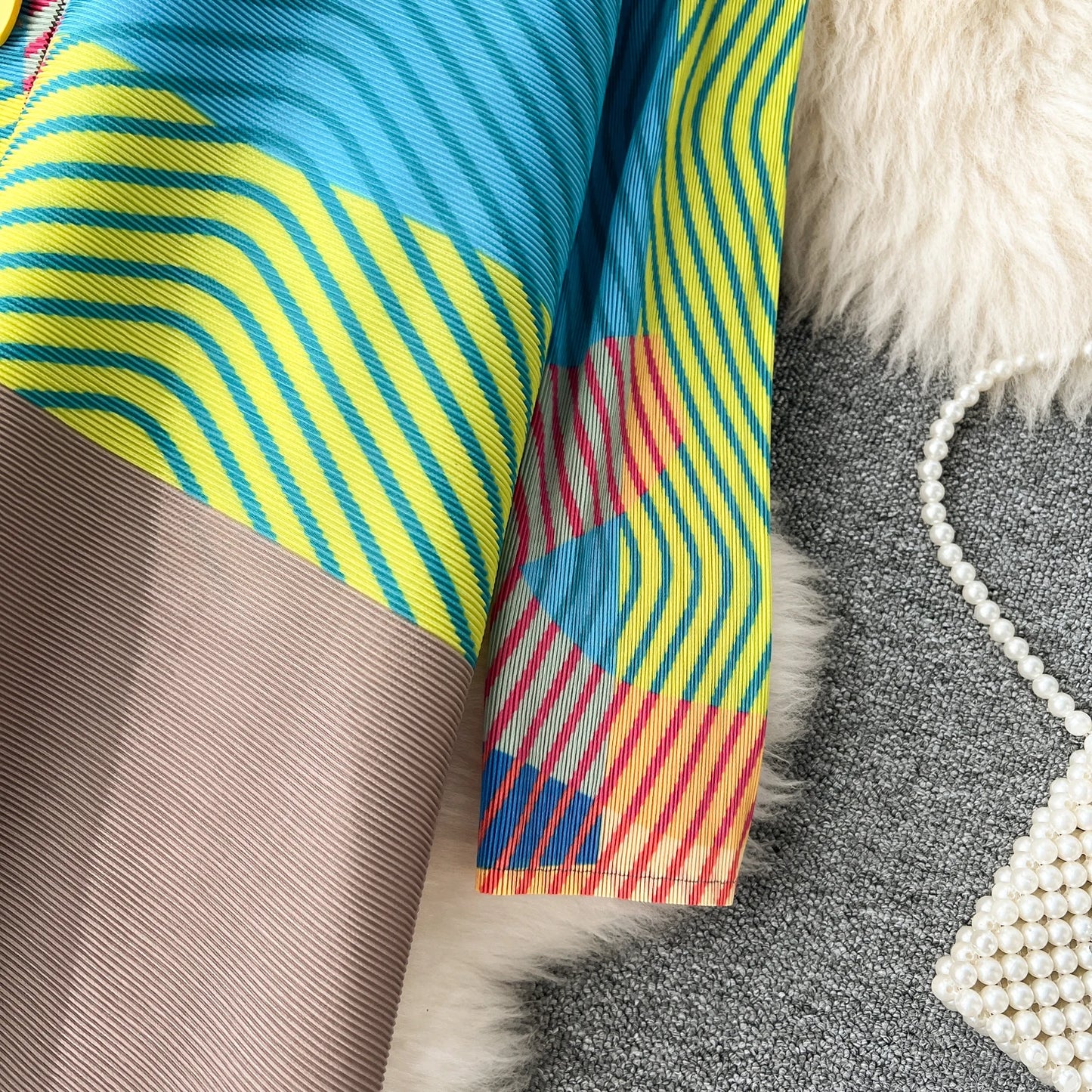 Miyake Pleated Drape Dress Women 2024 Spring Summer Colorblock Printing Lapel 3/4 Sleeve Single-breasted Fashion Shirt Dresses