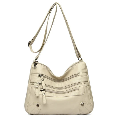 Soft Leather Shoulder Bag - Women's Crossbody Double Layered Large Capacity Tote