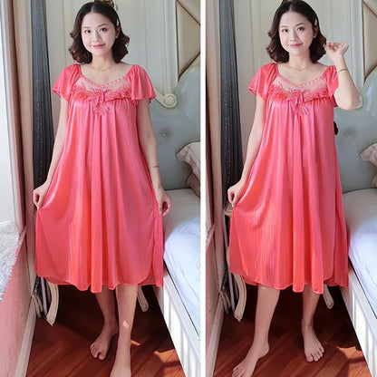 Ladies Ice Silk Nightgowns Sleeping Dress Medium Length Short Sleeve Nightdress Sexy Sleepwear Home Wear Loungewear Pyjama Femme