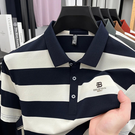 Men's Golf Polo Shirt with Collar, Short Sleeves and Wide Stripes – Breathable Summer Casual Business T-shirt