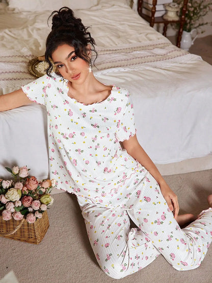 New European and American style loose-fitting women's pajamas, floral short-sleeved long pants home wear, casual two-piece set s
