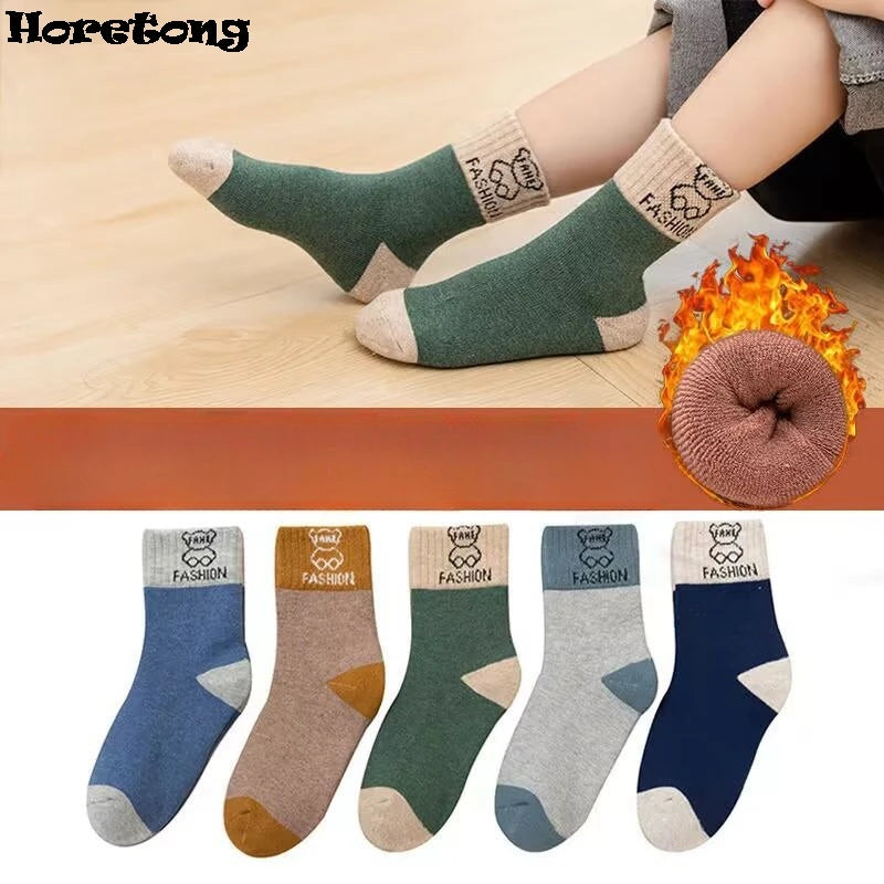 5 Pairs /bag Winter Children Socks Warm Autumn And Winter Plush Thicken Toddler Boys Girls Cotton Middle Tube Sock For 2-14 Year