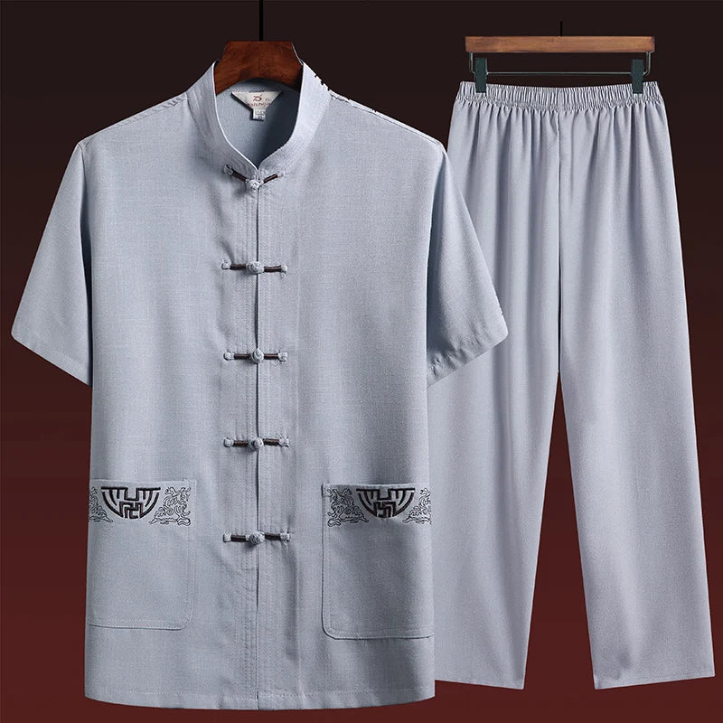 Cotton and Linen (Top + Pants) Elderly Men Gold Silk Pan Buckle Pocket Embroidered Tang Dress Han Dress Lay Tai Chi Suit Set