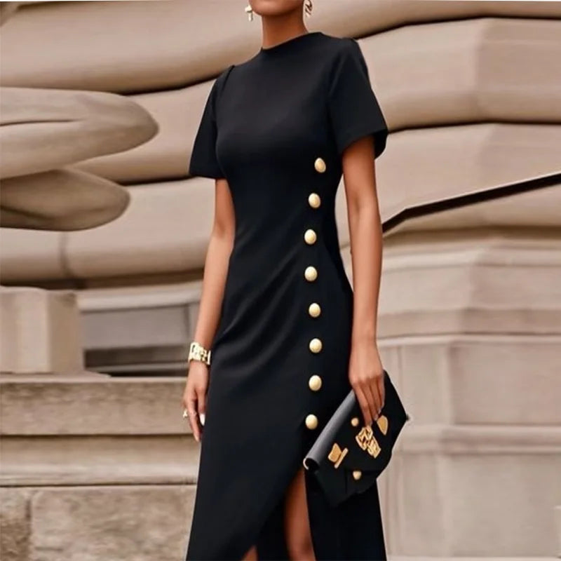 Black Maxi Dress - Women's Summer Party Dress With Gold Button & Asymmetrical Hem