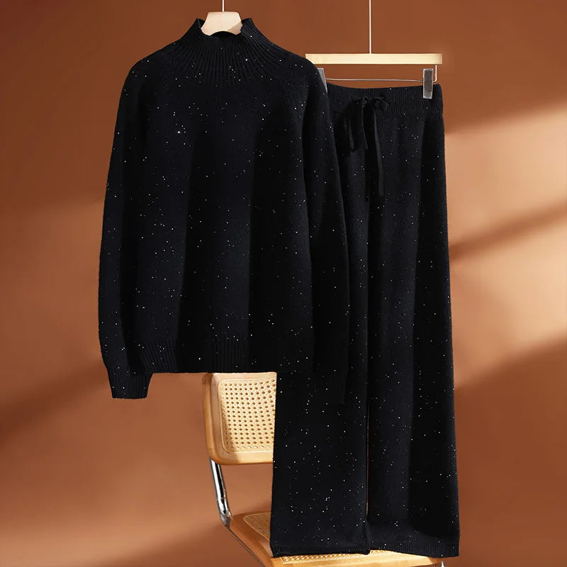 Autumn Winter Women's Sequins 100% Wool Knitted Turtleneck Pullover Sweater Wide Leg Pants Set Thick Casual Cashmere Knit Set
