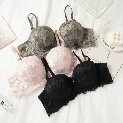 Women's Push Up Half Cup Bras French Lace Floral Bralette Thicken Bottom Gathered Underwire 36-42 A/B Cup Small Chest Underwear