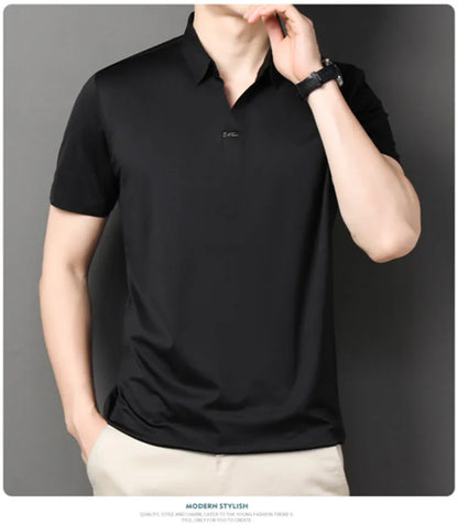Men's Polo Shirt - Elastic Stretch, Business Casual Short Sleeve Polo for Office Wear