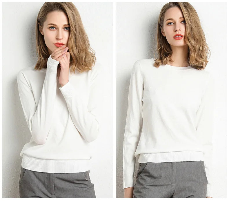 Women Slim O-Neck Solid Pullover Cashmere Wool Blending Sweater Autumn And Winter Long-Sleeved Knit Bottoming Shirt Large Size