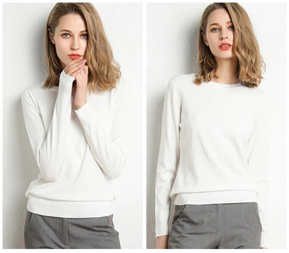 Women Slim O-Neck Solid Pullover Cashmere Wool Blending Sweater Autumn And Winter Long-Sleeved Knit Bottoming Shirt Large Size