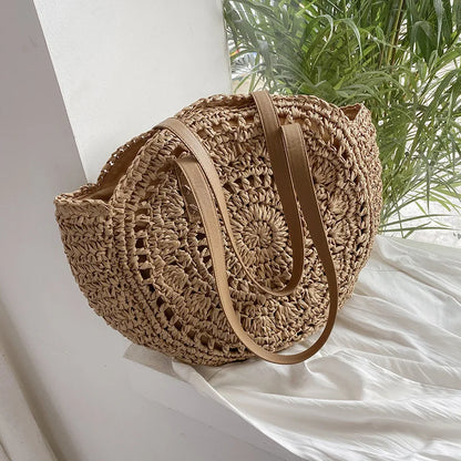 Handmade Woven Straw Beach Bag - Large Capacity Rattan Shoulder Tote for Women