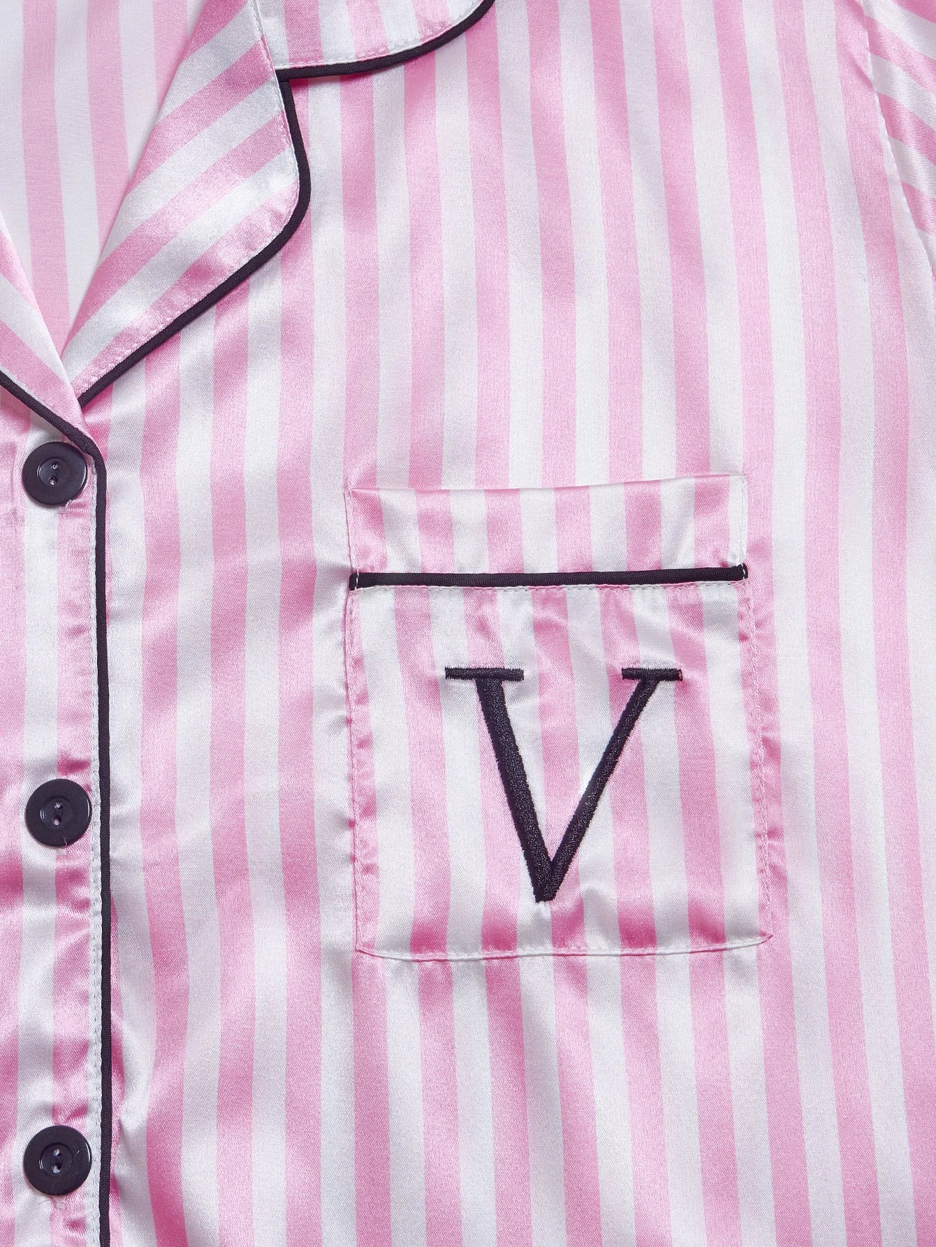 Striped Satin Pajama Set - Embroidered Pocket Sleepwear with Lapel Collar - ZOOMNSTORE