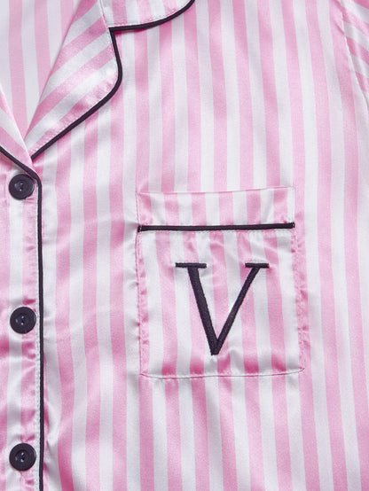 Striped Satin Pajama Set - Embroidered Pocket Sleepwear with Lapel Collar - ZOOMNSTORE