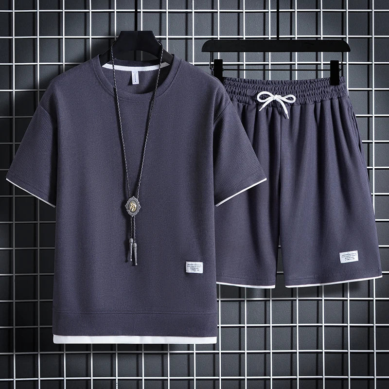 Summer Men's Waffle Sets Casual T-Shirt And Shorts Set Male Sports Suit Solid Color Tracksuit Loose Suits