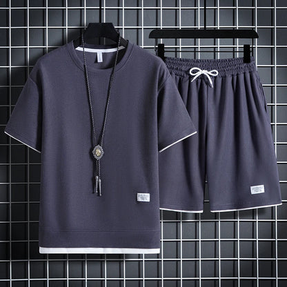 Summer Men's Waffle Sets Casual T-Shirt And Shorts Set Male Sports Suit Solid Color Tracksuit Loose Suits