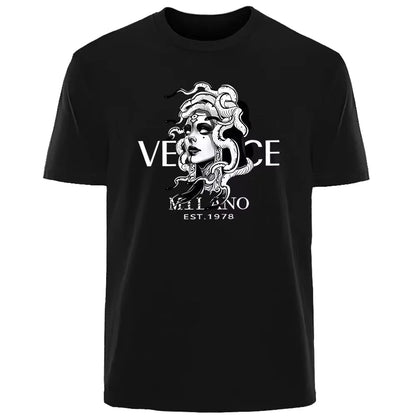 Luxury Summer T-Shirt - Men's Breathable Cotton Knit Medusa Print Tee for Daily Commuting