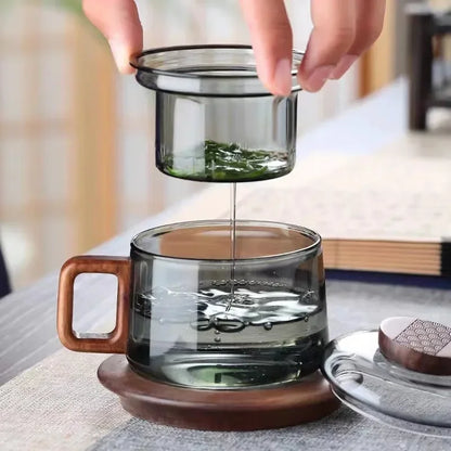 Heat Resistant Glass Tea Infuser Cup - 200ml Teacup with Wood Handle and Filter for Kung Fu Tea Set - ZOOMNSTORE