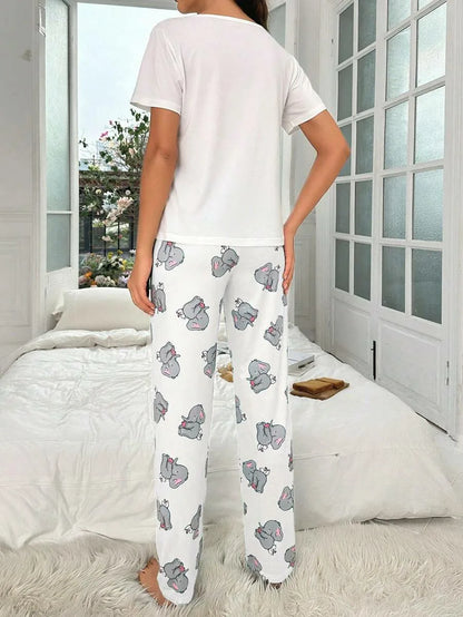 Women's new style small elephant rabbit pattern short sleeve cartoon trousers casual pajamas set
