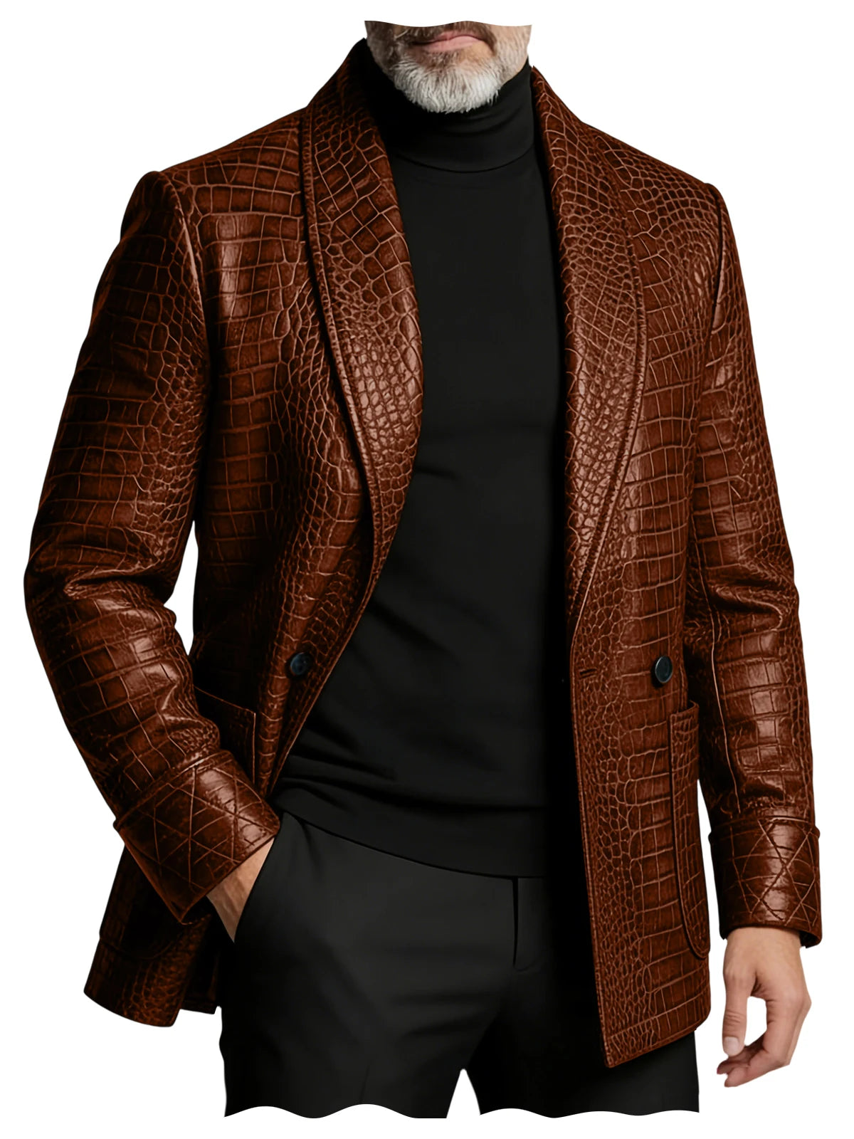 Men's Crocodile Embossed Leather Blazer Double Breasted Business Casual Brown Jacket Office Wear Formal Plus Size  Suit Coat