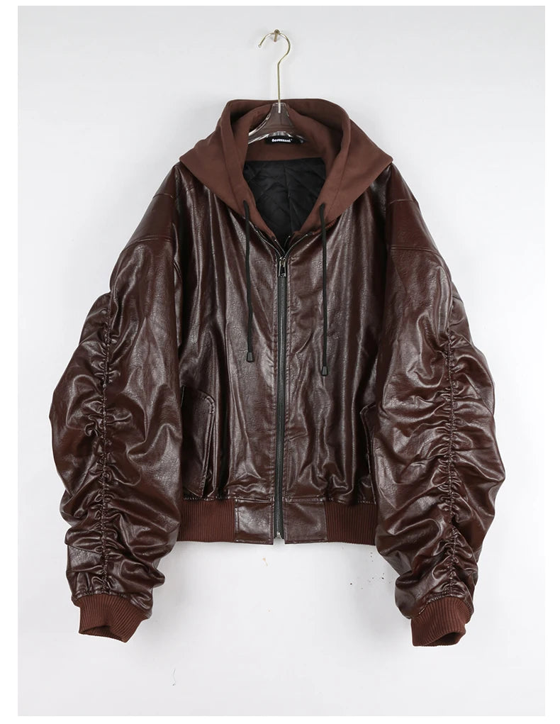 Mauroicardi Autumn Winter Oversized Cool Black Thickened Warm Pu Leather Jacket Men Hood Luxury Designer Fake 2 Clothes