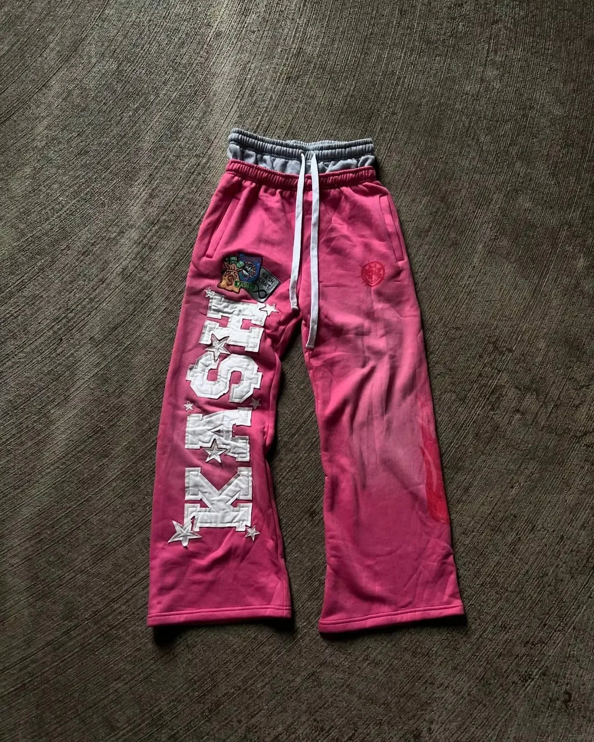 American Y2K Pants Baggy Sweatpants Letter Patch Retro Double Layer Design Men Hip Hop Gothic Elastic Waist Jogging Casual Pants