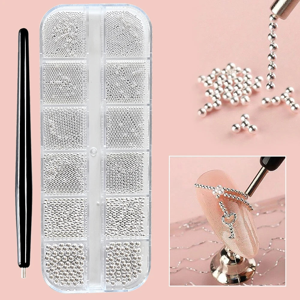 Mini Caviar Beads Nail Art Set - GoldSilver Micro Ball Charms with Magnetic Pen