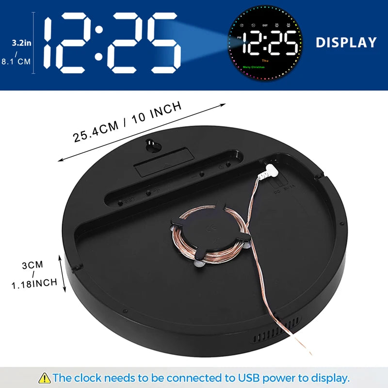 LED Wall Clock with Remote Control - Dual Alarms Calendar  Temperature Display Adjustable Brightness for Home Decor