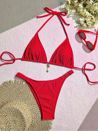 2026 women's brand new all season backless fashion sexy lace up bikini 2-piece set split swimsuit beach Brazil