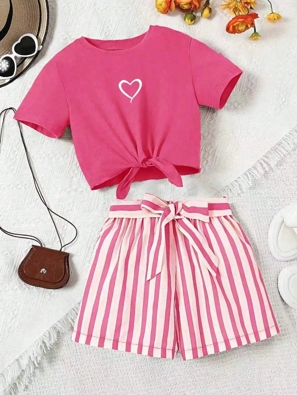 Women's casual daily short sleeved love printed+striped printed shorts 2-piece set with random belt striped children's clothing