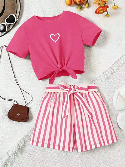 Women's casual daily short sleeved love printed+striped printed shorts 2-piece set with random belt striped children's clothing