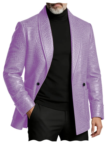 Men's Crocodile Embossed Leather Blazer Double Breasted Business Casual Brown Jacket Office Wear Formal Plus Size  Suit Coat