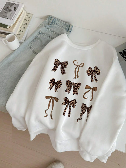 Retro Leopard Print Bow Printed Women Hoodies All-Match Fleece Casual Clothes Street Pullover Winter Autumn Woman Clothing