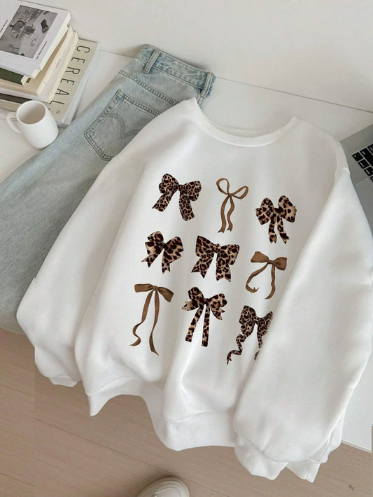 Retro Leopard Print Bow Printed Women Hoodies All-Match Fleece Casual Clothes Street Pullover Winter Autumn Woman Clothing